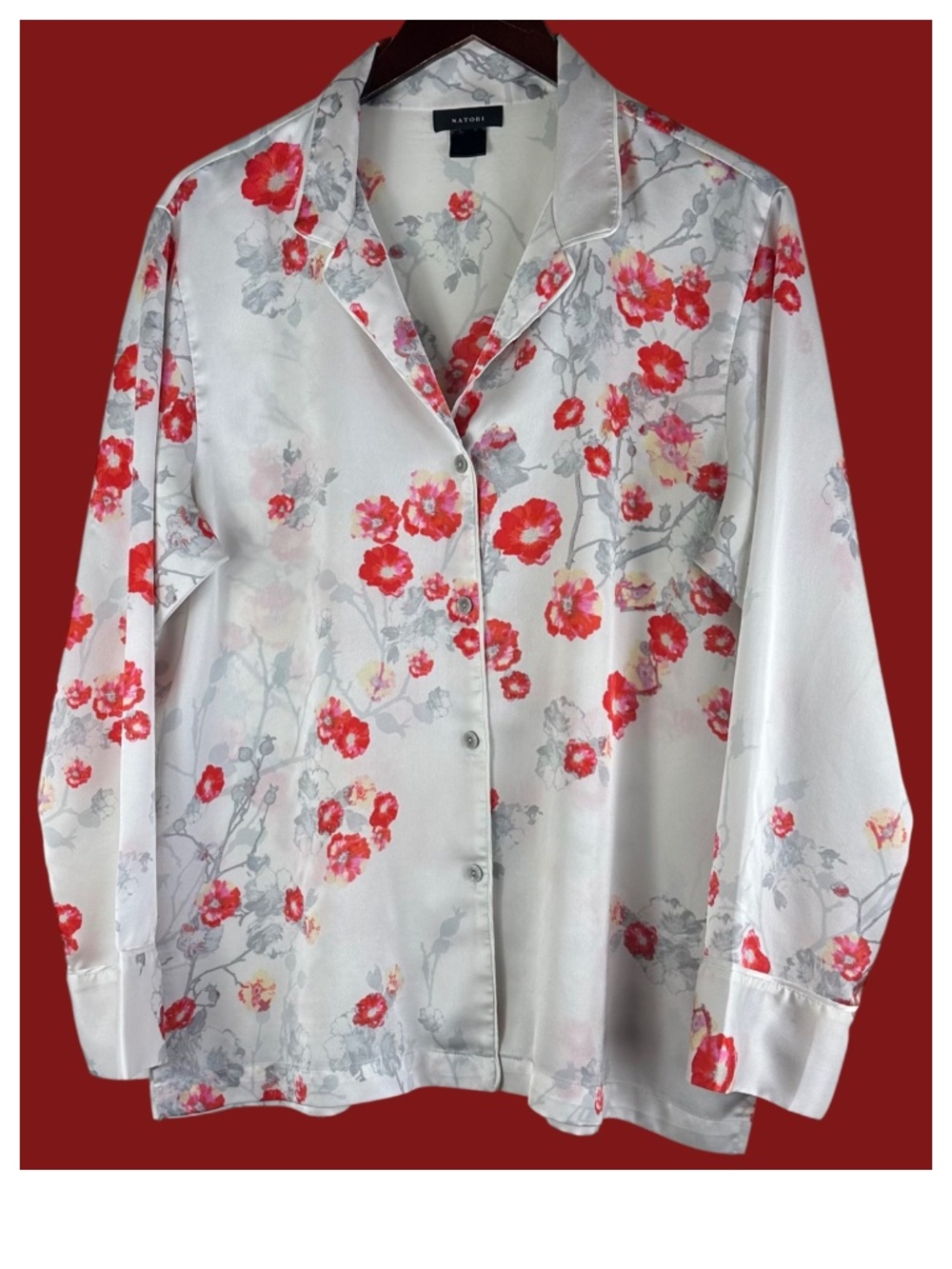 Natori Pajamas PJ Set 2 pc. Sz Large XL L/XL Satin Silky Floral Poppies Red - Picture 3 of 6